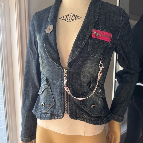 Triple Five Soul  Denim Jacket with Pink Accents Ptp 16” length 18” - Picture 1 of 10